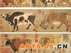 004 《五牛图》
唐 韩滉 纸本设色 纵20.8厘米 横139.8厘米 北京故宫博物院藏

    韩滉（723—787），字太冲，长安（今陕西西安）人。官至金紫光禄大夫,东西两道节度史,后封晋国公。以画牛著称于时。此图画五头状貌、姿态各不同的黄牛。五头牛均膘肥体壮，强健有力，沉稳而行动迟缓，但又各自有不同的性情，居中一头更显沉静本份，蹭痒那头显得有些调皮，回头舐舌那头较为活泼，昂首那头似乎有些胆怯。此画行笔粗放凝重，设色较为淡雅。作品以淳朴的画风和精湛的艺术技巧，表现了唐代画牛所达到的高度水平。 