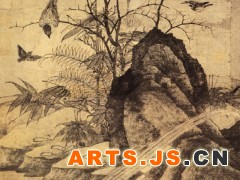 015 《山鹧棘雀图》

北宋 黄居寀 绢本设色 纵97厘米 横53.6厘米 台北故宫博物院藏

    此图描写晚秋时节的溪边小景。近景的溪边几块石头显得突出，整个景色显得荒寒萧疏, 但飞鸣、栖息于荆刺丛上的几只雀鸟, 则为画面增添了不少生机和活跃的气氛。此画不像单纯的山水画, 也不像单纯的花鸟画, 而是兼有二者的特色, 巧妙而自然地将二者融合在一起。荆棘、竹叶均用墨笔双勾, 岩石、山鹧、雀鸟及荆棘、竹叶等的设色浓重艳丽。 
