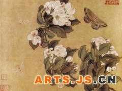 019 《海棠蛱蝶图》
宋 佚名

    此图不知原载何册，亦无作者姓氏。察其海棠花叶及蛱蝶的画法，当是北宋末画院中人所作。蛱蝶生动而情趣昂然，虽为院体画，却不流俗。 