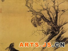 023 《双喜图》

宋 崔白 绢本设色 台北故宫博物院藏

    宋初宫廷花鸟画以黄筌工致富丽的花鸟体制为标准，崔白进入画院后却以生动自然的花鸟画，打破了皇家画派对宫廷花鸟画的垄断局面，使画风发生明显变化。崔白画花鸟画，善于通过对季节变化的自然环境中花鸟情态的细致刻画，取得真实生动的效果。《双喜图》表现秋风劲吹摇撼树木，双鹊掠飞鸣噪，引起野兔的回首观望，残枝败草和鹊兔的生机活跃的对比，既生动地表现了荒寒气氛，又不失时机地表现了荒凉中的生意。 
