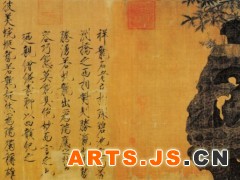 035 《祥龙石图》
宋 赵佶 绢本设色 纵53.8厘米 横127.5厘米 北京故宫博物院藏

    赵佶绘画重写生，以精工逼真著称。此卷分左右两部分，右部画宫苑中一珍奇石头“祥龙石”，左部为赵佶以“瘦金书”所写的题记、题诗。 徽宗皇帝以细劲线条勾勒玲珑剔透奇石的轮廓和纹理，并施水墨层层渍染，表现出石的坚硬和湿润的质感，显得一丝不苟。 而作为皇帝的画家之所以对描绘“祥龙石”如此感兴趣，则如题诗所说，是因为“彼美蜿蜒势若龙，挺然为瑞独称雄”。作品具有“瑞应”的象征寓意。 