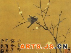 037 《腊梅山禽图》

宋 赵佶 绢本设色 纵82.8厘米 横52.8厘米 台湾故宫博物院藏

    此图写一株腊梅枝干略弯而劲挺直往上伸，极富弹性，互相交错而有变化。枝头几点黄梅开放，似乎有阵阵清香袭来。腊梅枝头上的一对山雀相互依偎均向着左侧画面，将观者视线引向画外。刻画工整细致，富有生活情趣。腊梅枝干以劲细墨笔钩勒，再用水墨渲染；山雀、萱草均用水墨画出。笔墨的细粗、干湿配合协调和谐。左下有画家以瘦金书的题诗一首：“山禽矜逸态，梅粉弄轻柔，已有丹青约，千秋指白头。” 