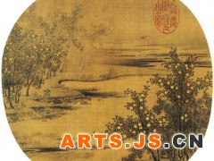 039 《橙黄橘绿图》
宋 赵令穰 绢本设色 纵24厘米 横25厘米 台北故宫博物院藏

    赵令穰是宋朝宗室，生卒年不详，善画山水、花鸟，画风细腻柔媚，设色工画。《橙黄橘绿图》是一幅小品画，画面画硕果累累的果树和平远、深远的溪流平原，画面虽小却有纵深感。画上钤有“嘉庆御览之宝”等鉴藏印章。 