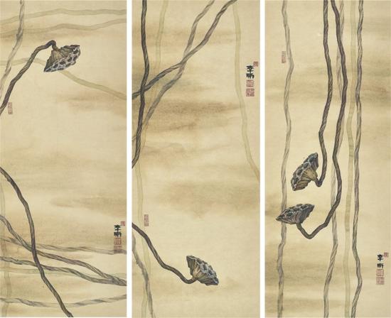 李晰，谁解枯蓬之一，80×32cm×3，纸本水墨，2015