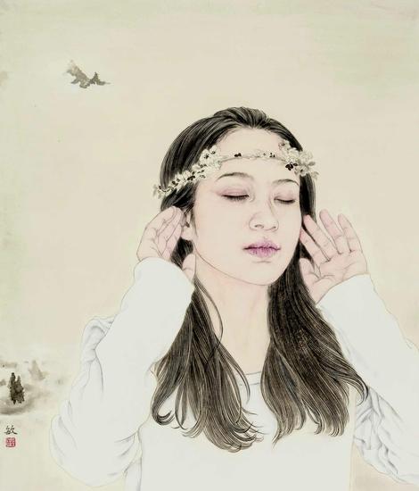 程敏，听，53×45cm，纸本水墨，2015