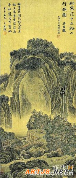 ■范宽《溪山行旅图》单从构图方面说，应属于平易之境，但它却产生了非凡的力量。究其原因一是造型的峻巍，其次是笔墨的酣畅厚重。