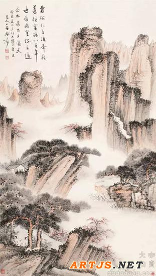  lot 0348 癸酉（1933年）作 苍松古道 立轴 纸本 张大千 144×81cm 癸酉（1933年）作 估价：RMB 3,500,000-4,000,000 款识：苍松虬古植峰巅，莲径灵楼八百年。远岭飞云深百道，密林透出夕阳天。癸酉夏四月仿大涤子笔法，蜀人大千张爰。 钤印：大千无恙、张季印、大风堂