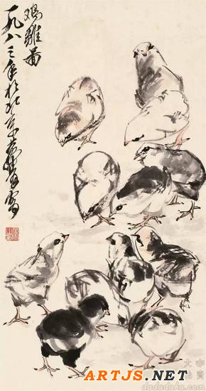  lot 0311 1983年作 鸡雏图 立轴 纸本 黄胄 57×30cm 1983年作 估价：RMB 80,000-120,000 款识：一九八三年于北京，黄胄写。 钤印：黄胄之印